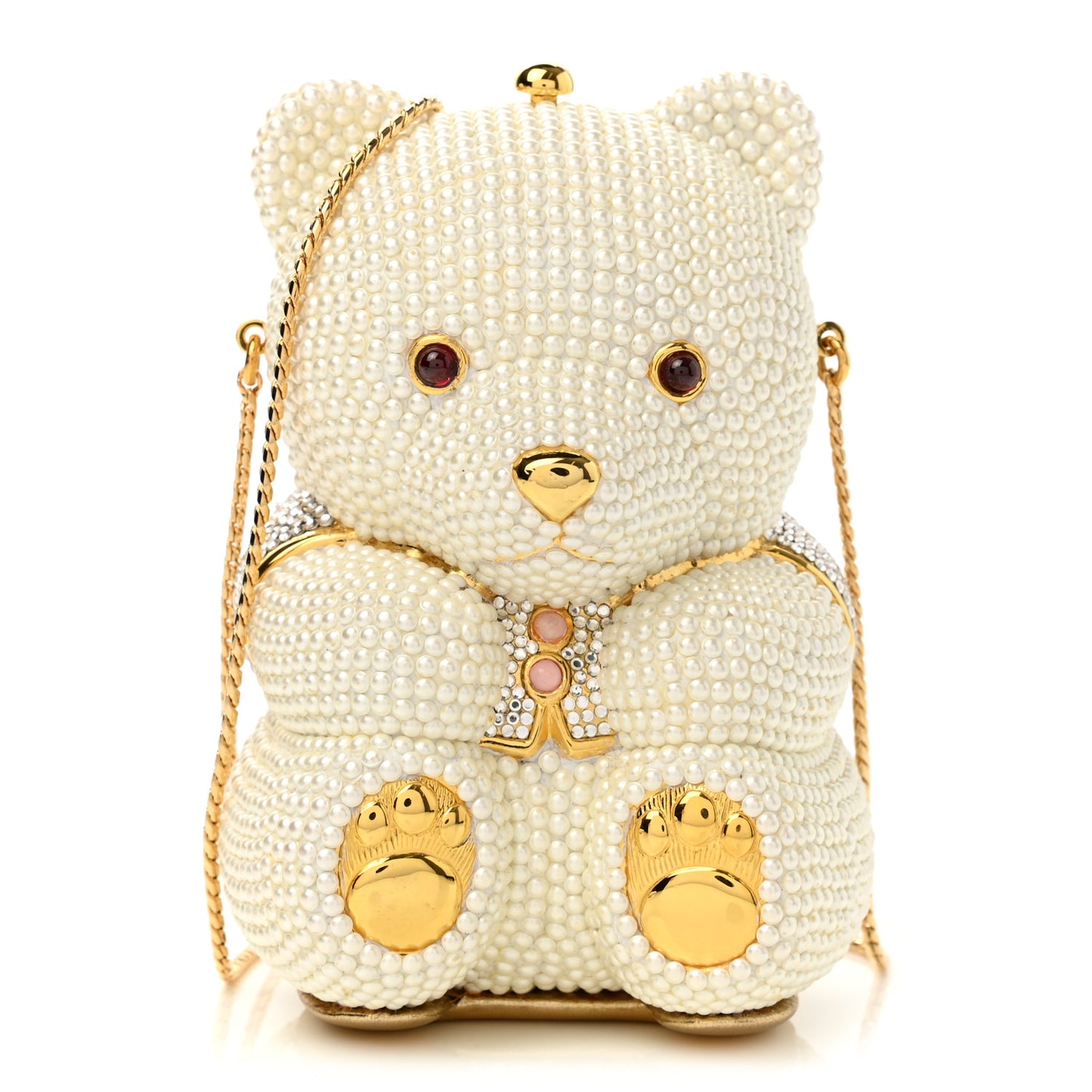 Pearl Crystal Sweetheart Bear Minaudiere Clutch White