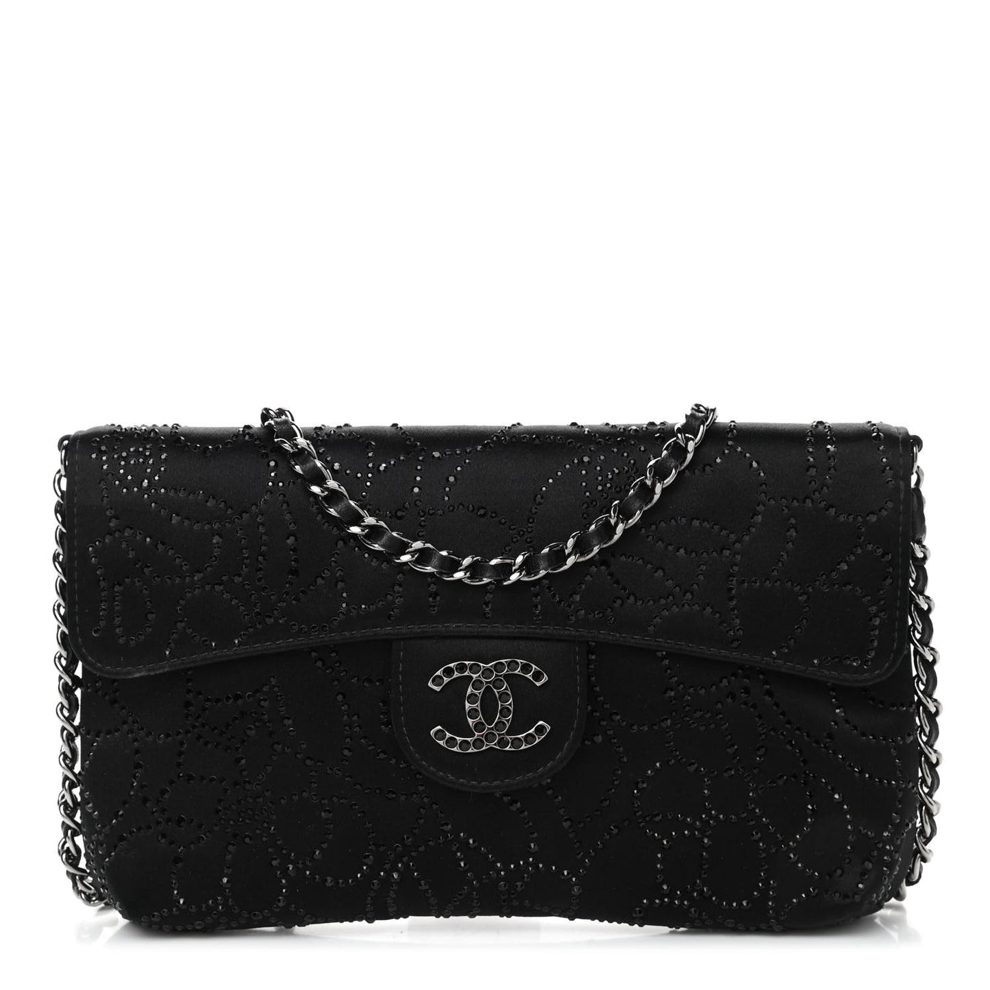 Satin Crystal Camellia Clutch On Chain Bag Black