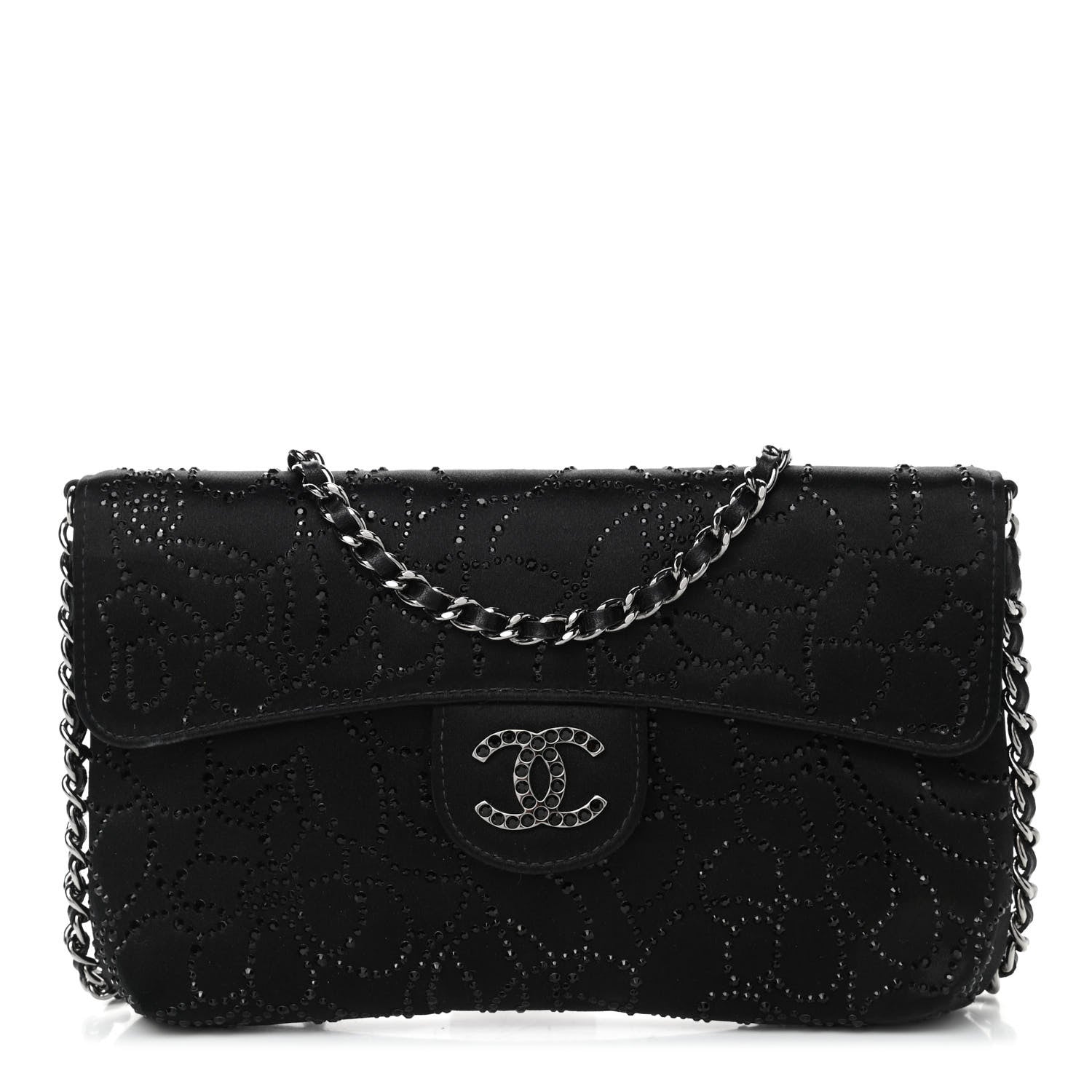 Chanel Satin Crystal Camellia Clutch On Chain Bag Black 1 of 4
