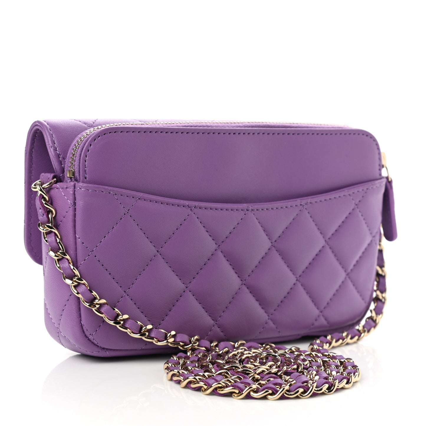 Lambskin Quilted Flap Phone Holder With Chain Purple