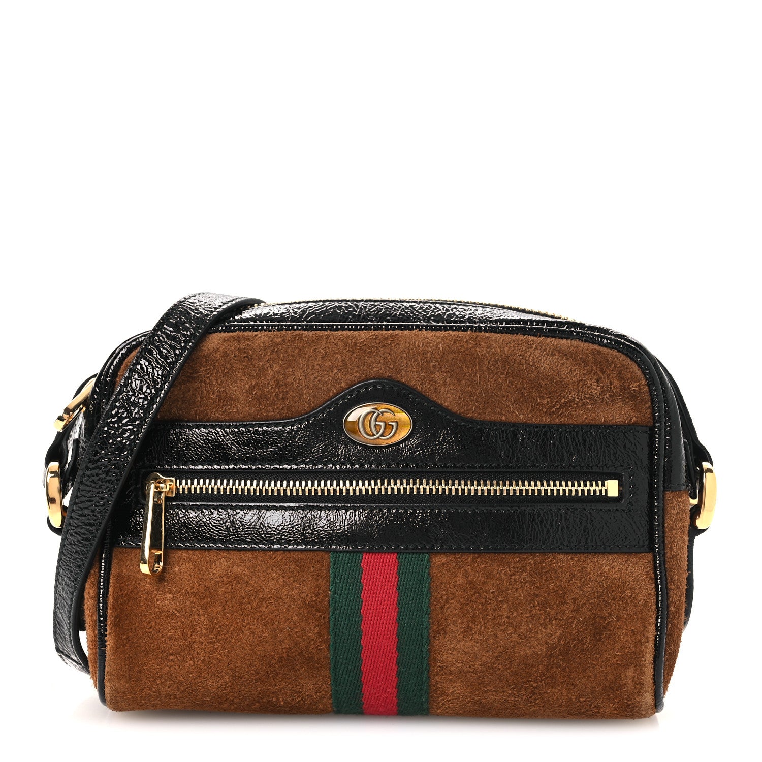 Gucci Suede Patent Web Mini Ophidia Shoulder Bag Nocciola Black 1 of 12