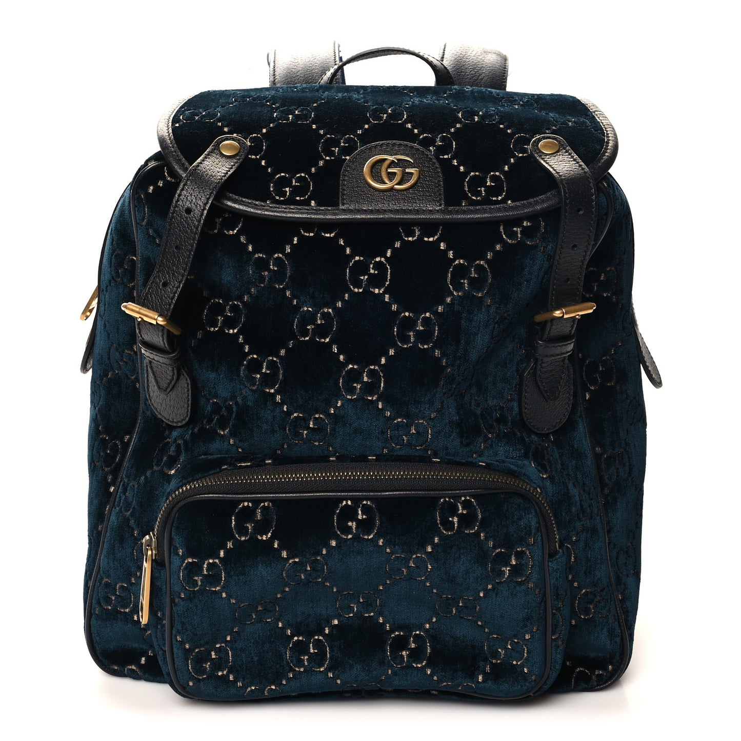 Velvet GG Monogram Textured Calfskin Web Small Double Buckle Backpack Blue Beige Black