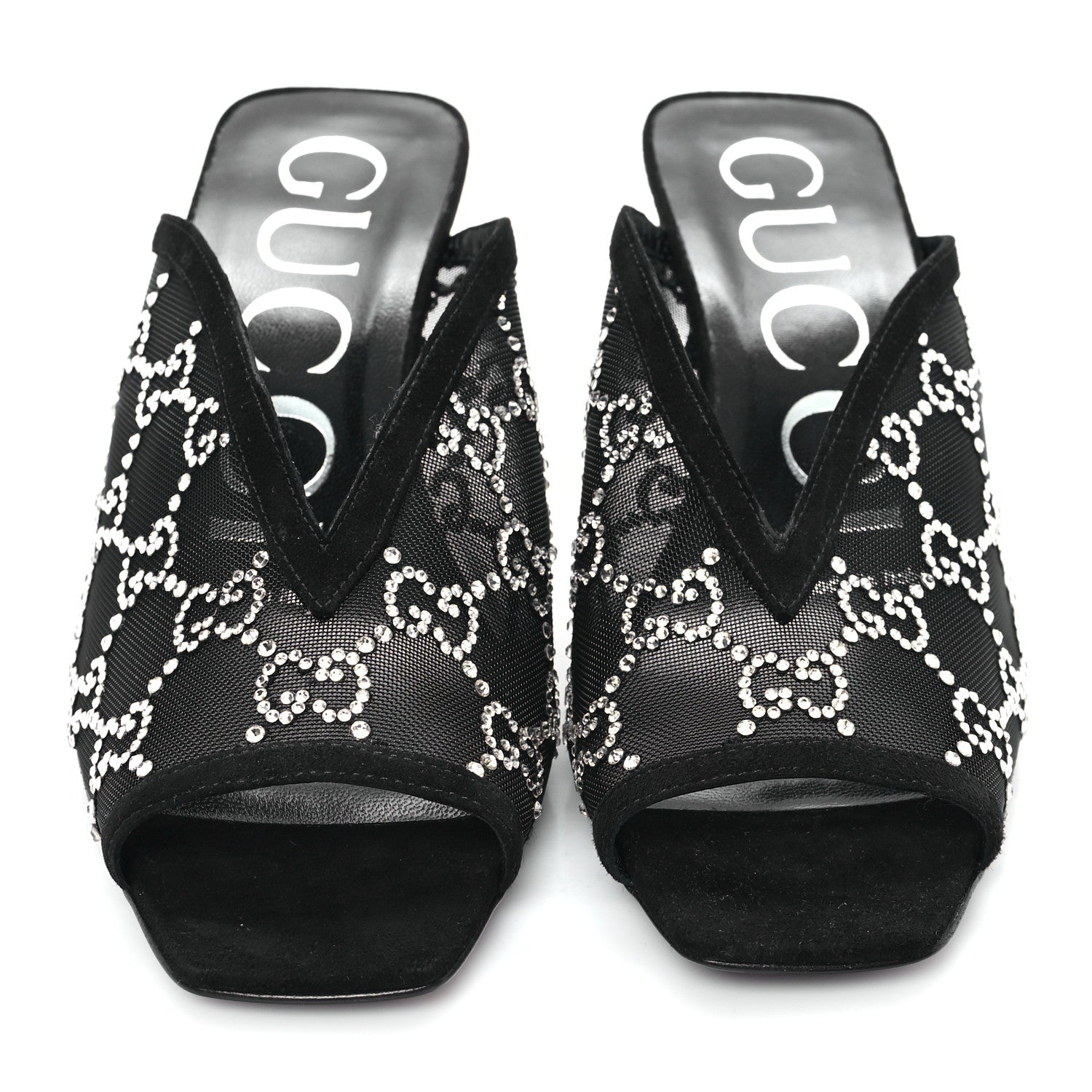 Gucci Tela Retino Kid Scamosciato Crystal GG Monogram Square G 95mm Slide Sandals 35 Black 3 of 9