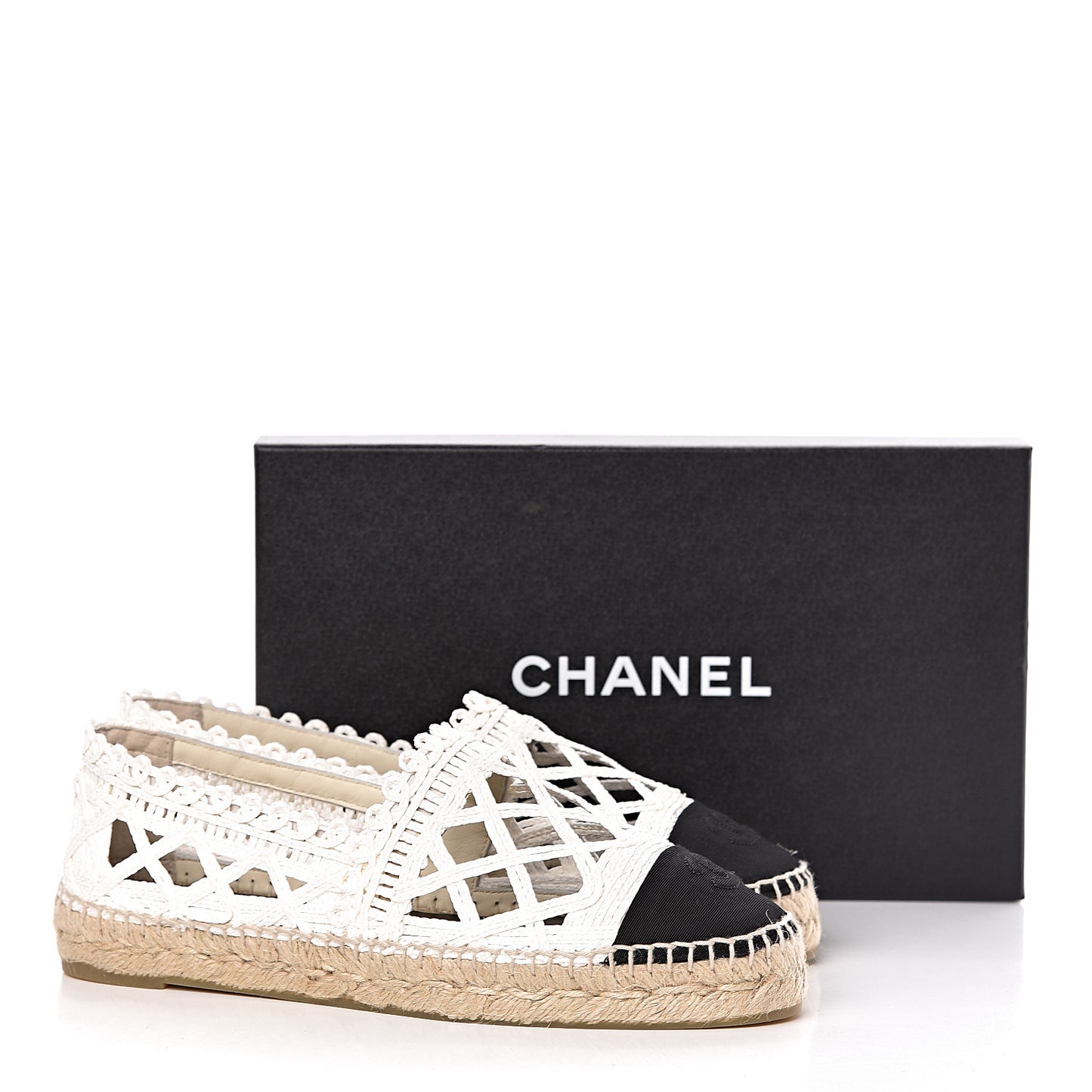 Woven Fabric Grosgrain CC Espadrilles 40 White Black