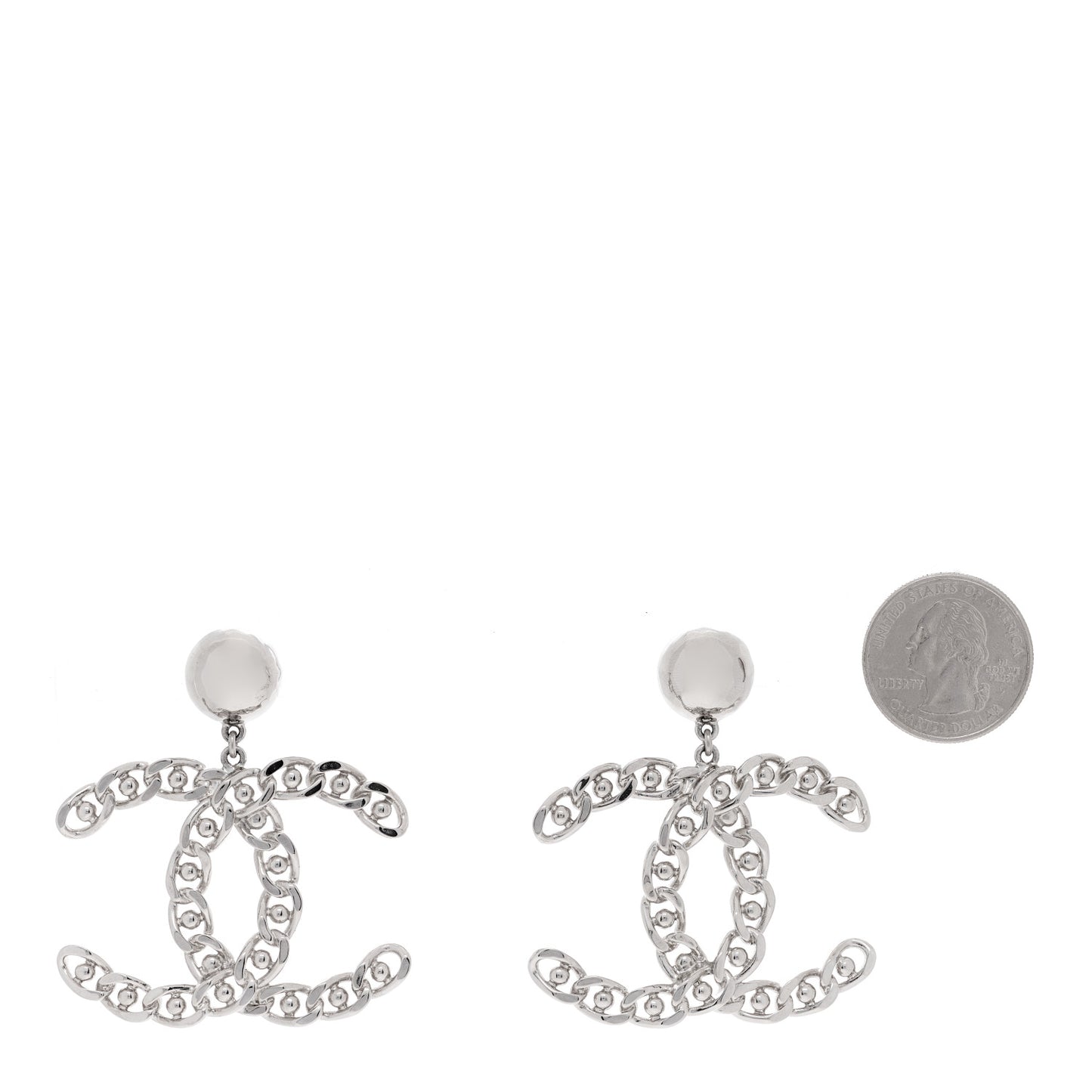 Pearl Chain Link CC Drop Earrings Silver