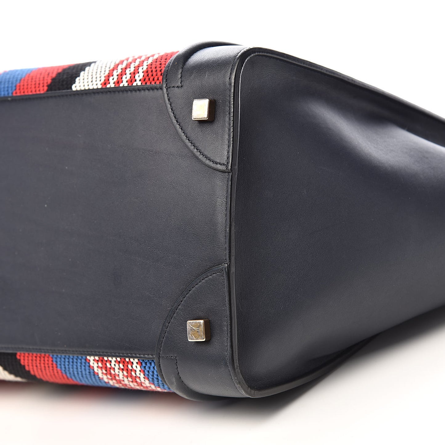 Smooth Calfskin Striped Cotton Canvas Mini Luggage Navy Blue