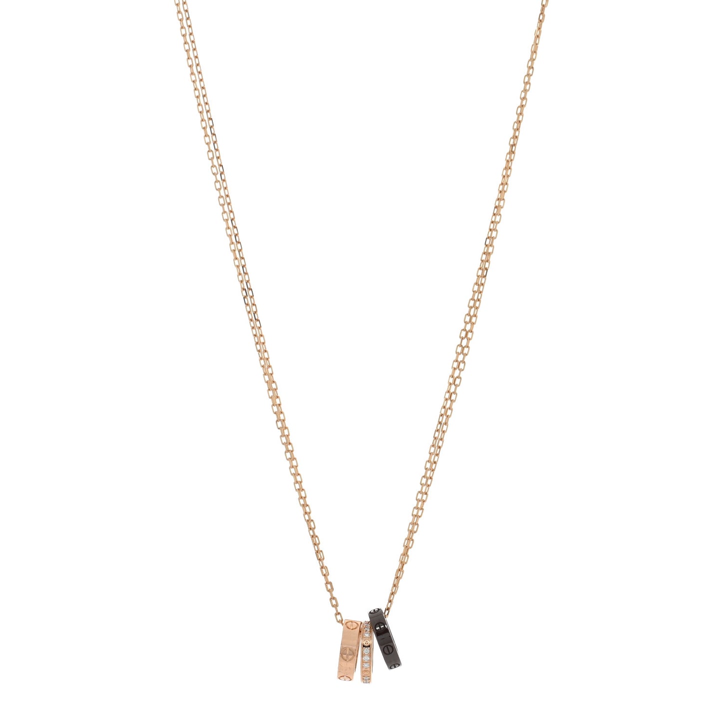 18K Pink Gold Ceramic Diamond Three Ring LOVE Pendant Necklace