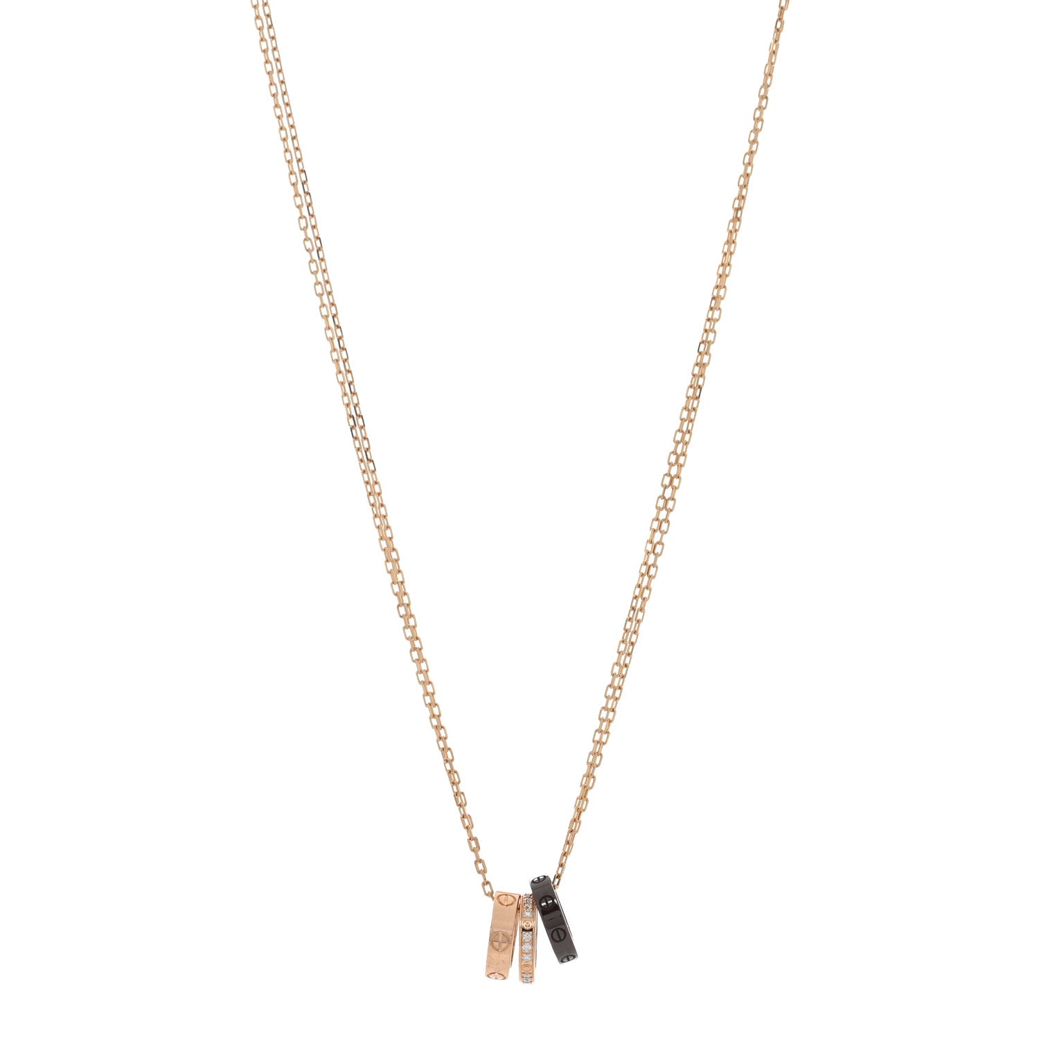 Cartier 18K Pink Gold Ceramic Diamond Three Ring LOVE Pendant Necklace 1 of 4