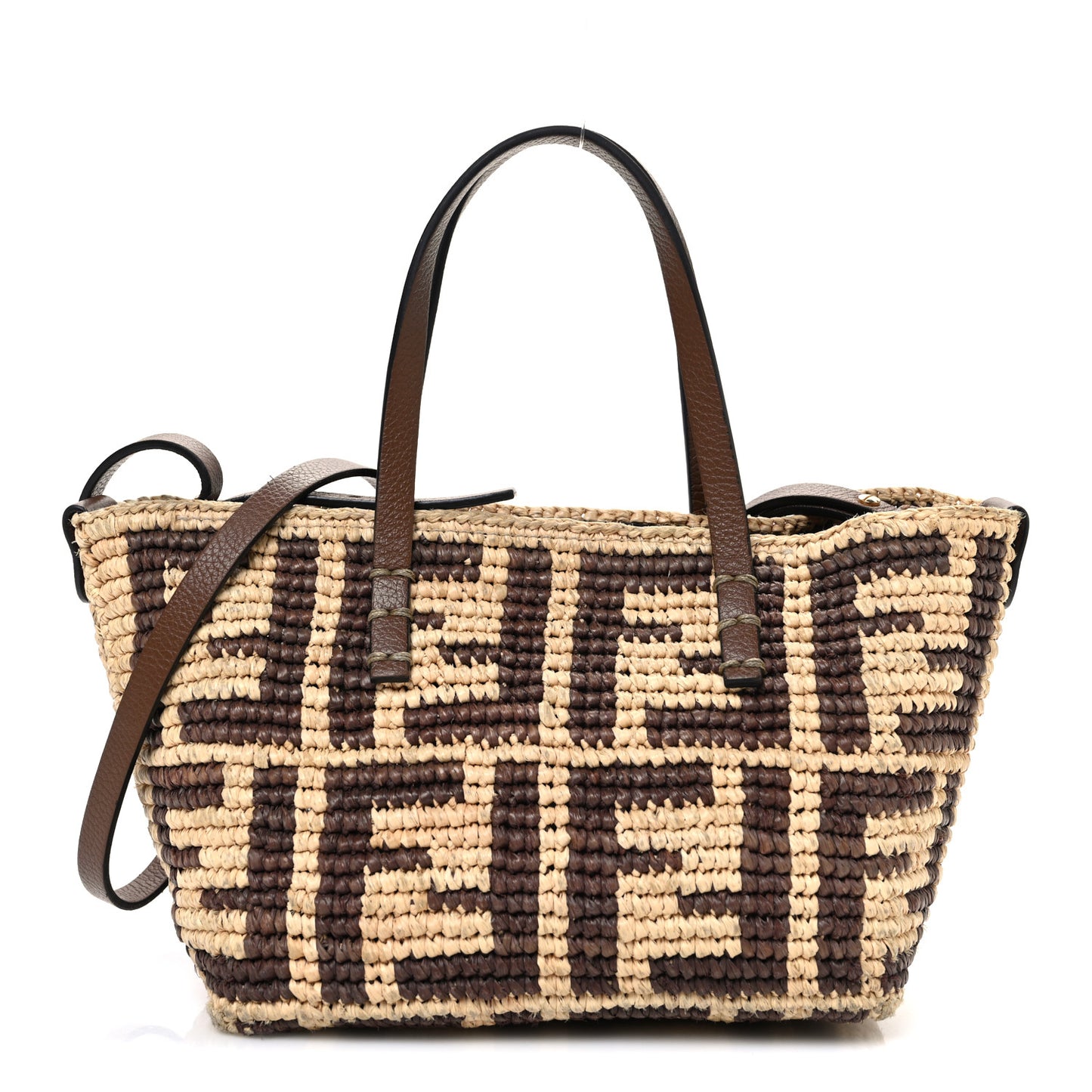 Raffia Cuoio Romano FF Crochet Mini Roll Tote  Natural Gianduia