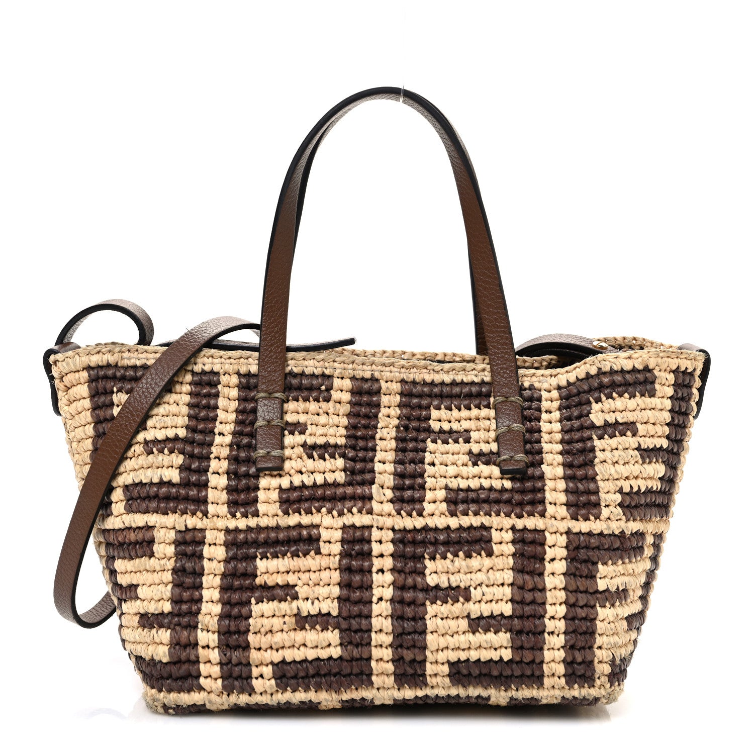Fendi Raffia Cuoio Romano FF Crochet Mini Roll Tote  Natural Gianduia 1 of 13