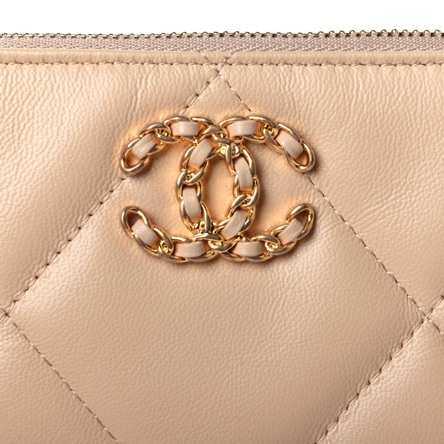 Shiny Goatskin Quilted Chanel 19 Small Pouch With Handle Beige