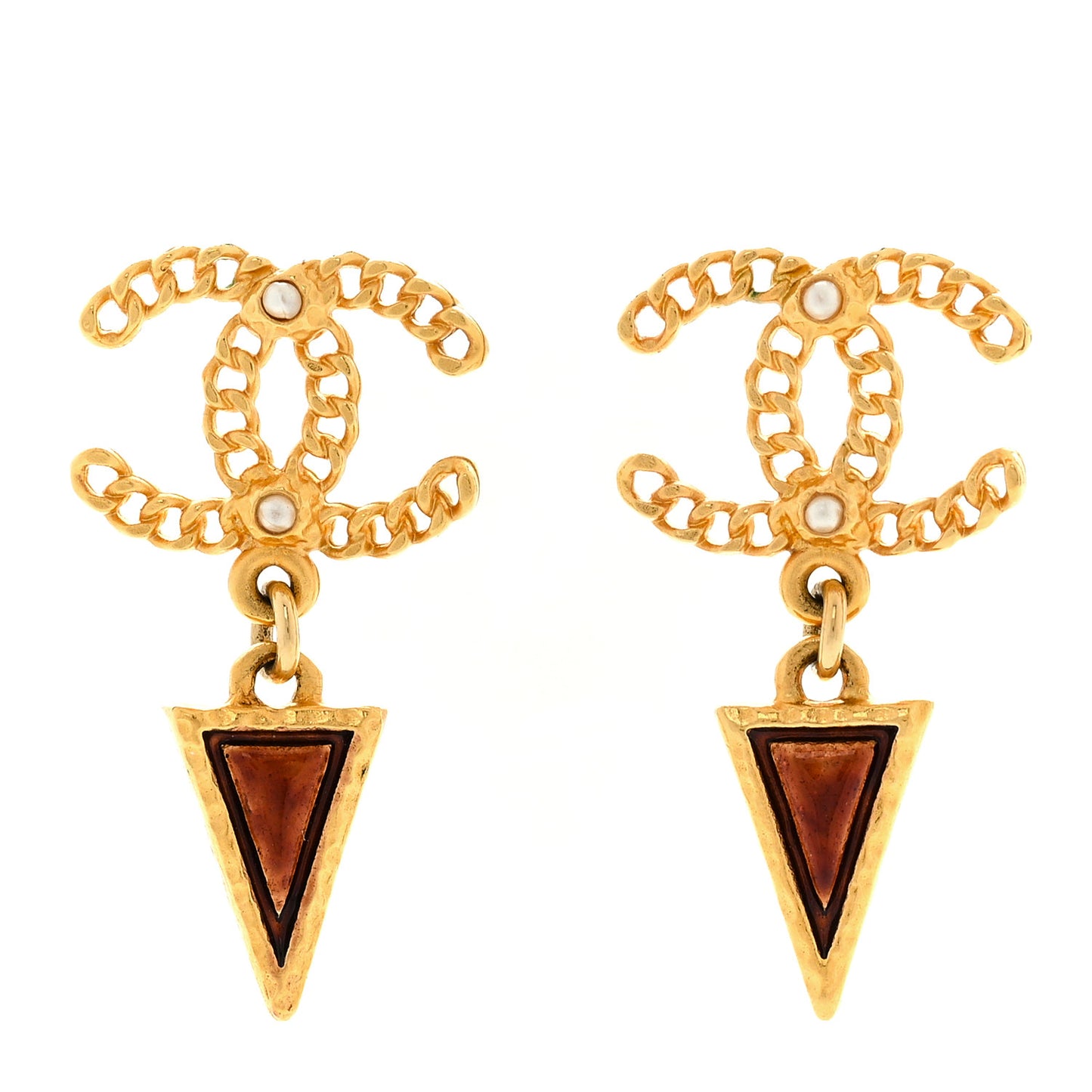 Resin Pearl Chain CC Triangular Drop Earrings Gold Brown White