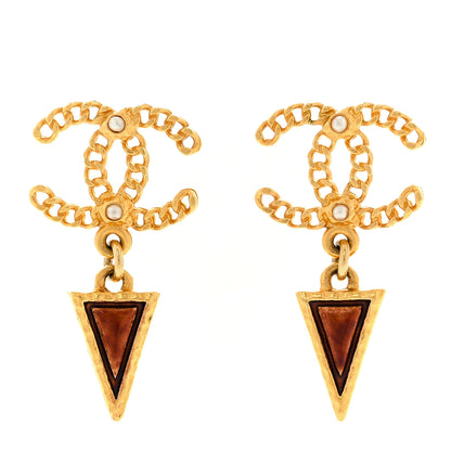 Chanel Resin Pearl Chain CC Triangular Drop Earrings Gold Brown White 1 of 5