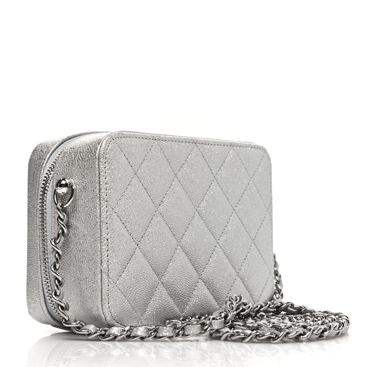 Metallic Caviar Quilted Camera Bag Silver