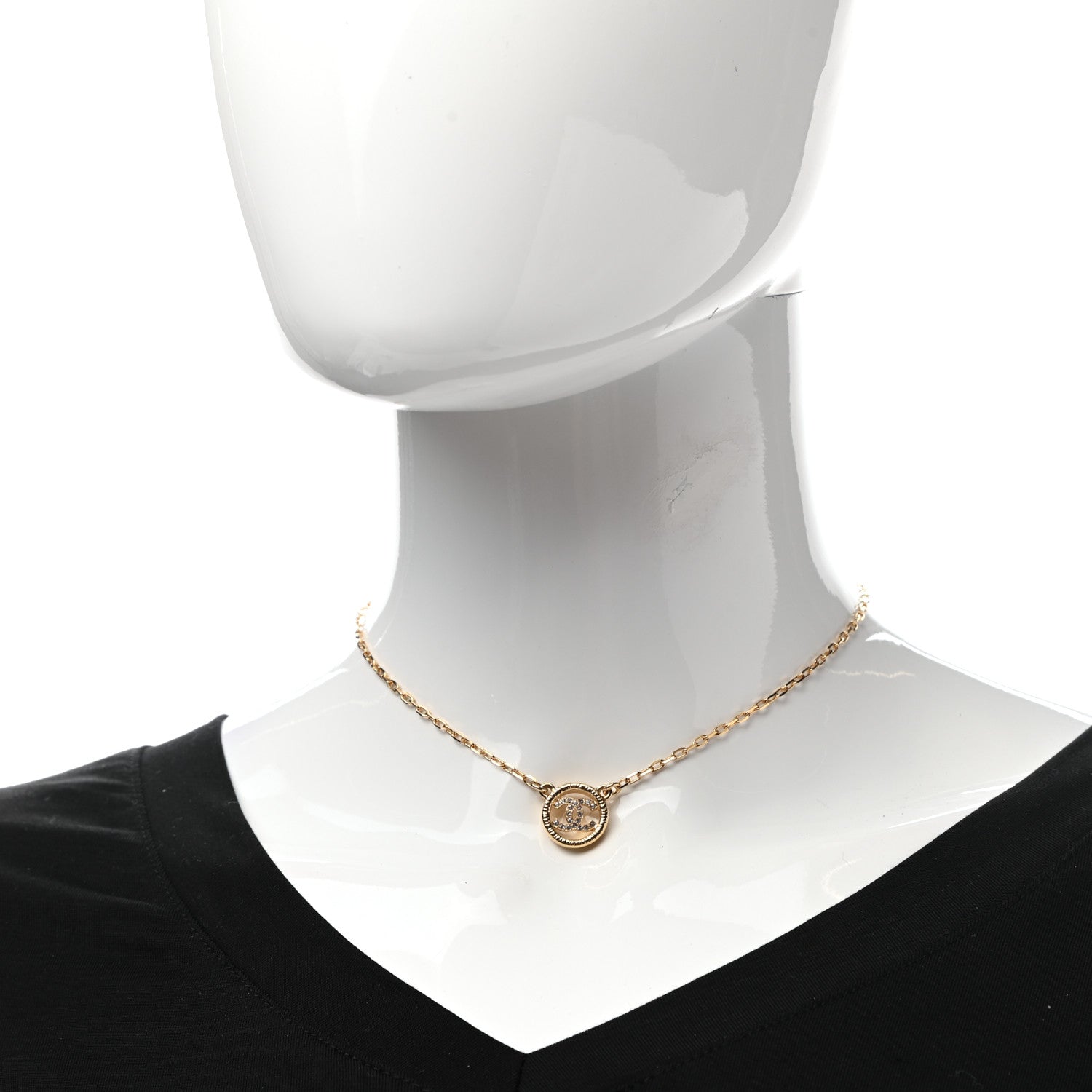 Chanel Crystal Metal CC Round Pendant Necklace Gold 2 of 7