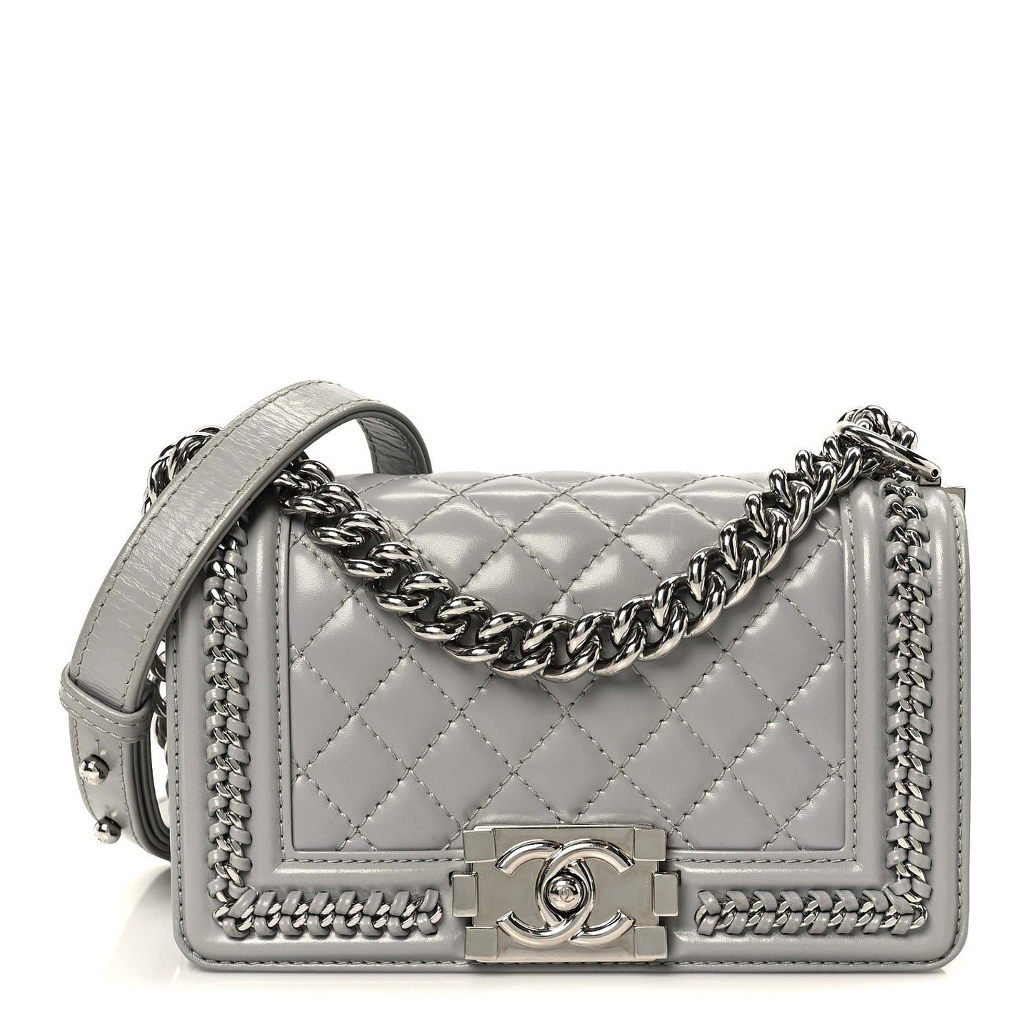 Iridescent Lambskin Quilted Small Chain Around Boy Flap Grey