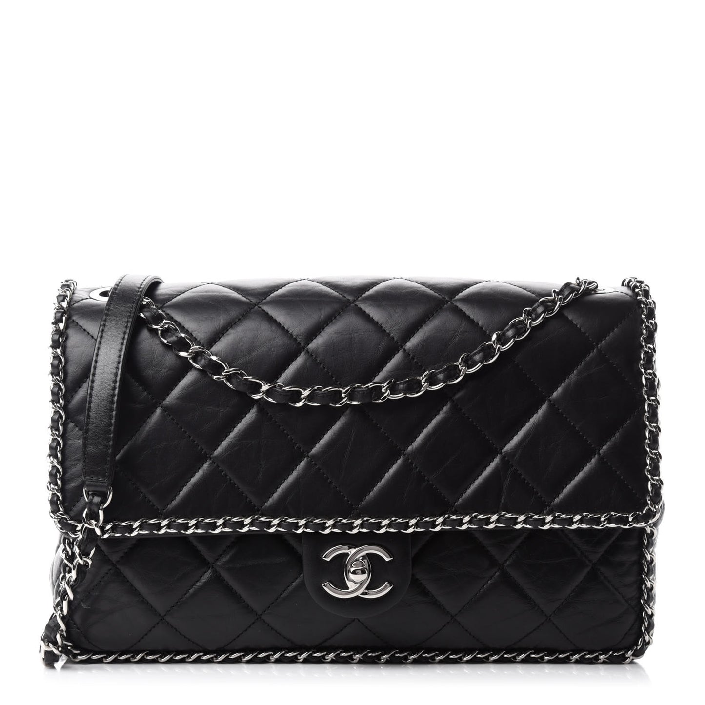 Crumpled Calfskin Quilted Large Chain All Over Flap Bag Black