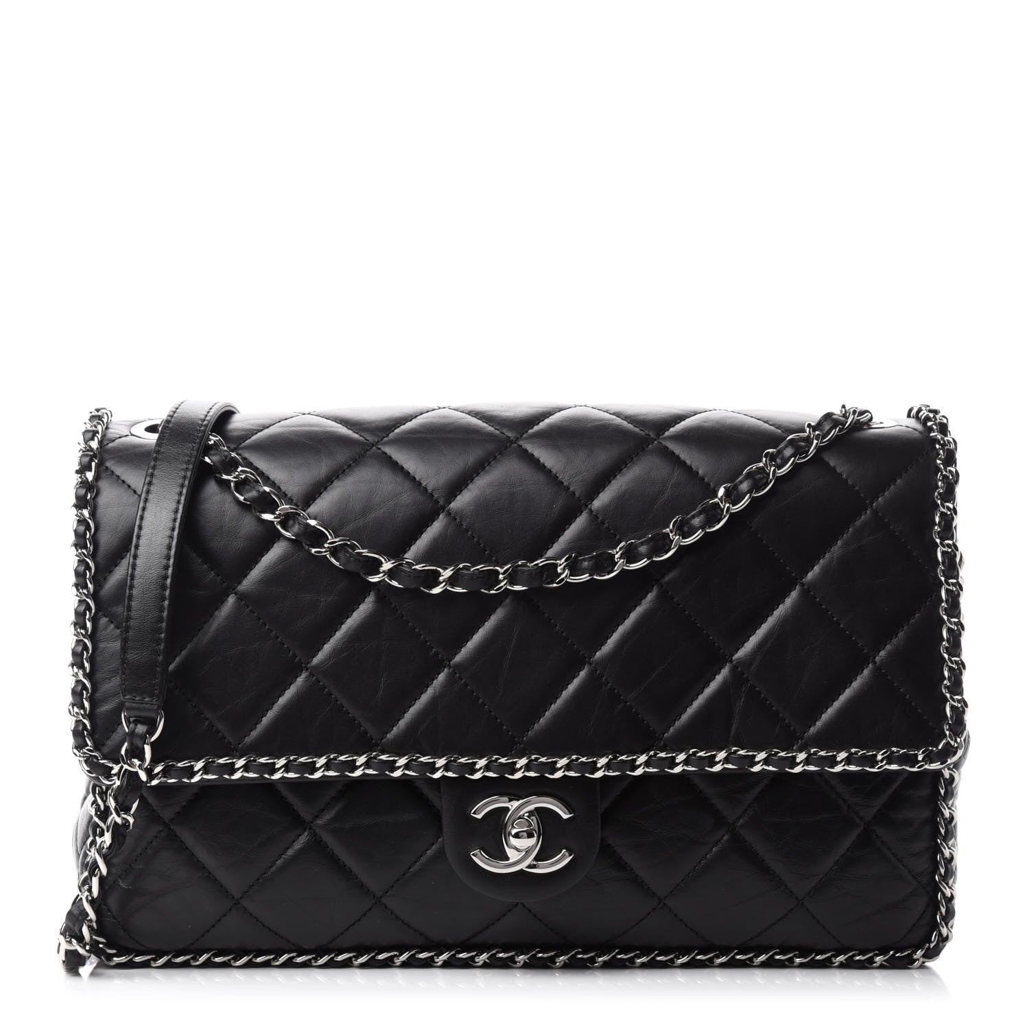 Chanel Crumpled Calfskin Quilted Large Chain All Over Flap Bag Black 1 of 12