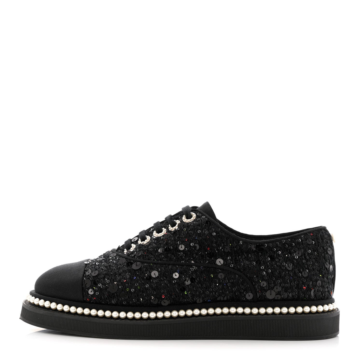 Chanel Tweed Grosgrain Sequin Pearl Lace Up Sneakers 39 Black 1 of 10