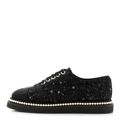 Chanel Tweed Grosgrain Sequin Pearl Lace Up Sneakers 39 Black 1 of 10