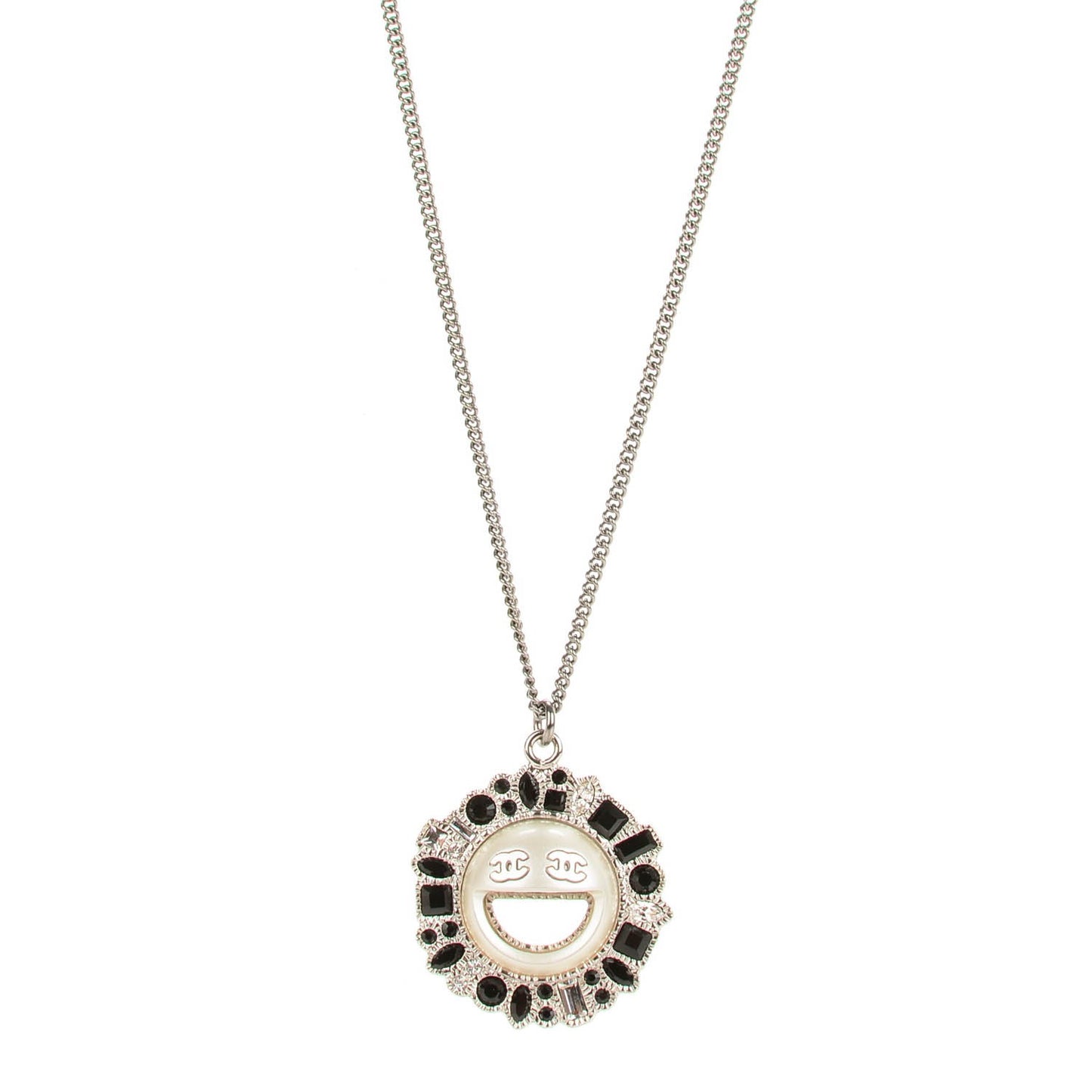 Crystal CC Smiley Emoji Pendant Necklace Silver