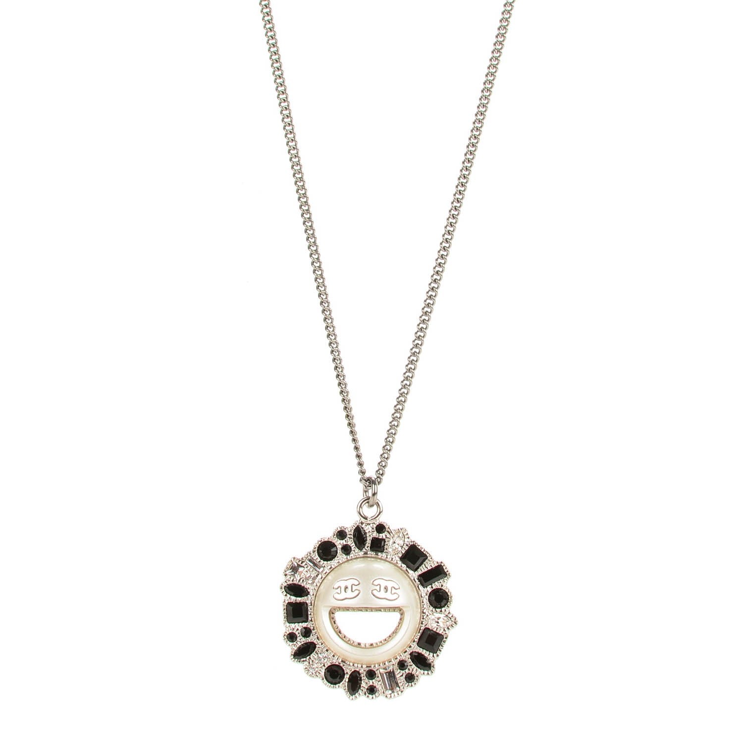 Chanel Crystal CC Smiley Emoji Pendant Necklace Silver 1 of 6