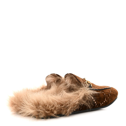 Gucci Velvet GG Monogram Fur Womens Princetown Slippers 38 Brown Black Natural 5 of 10