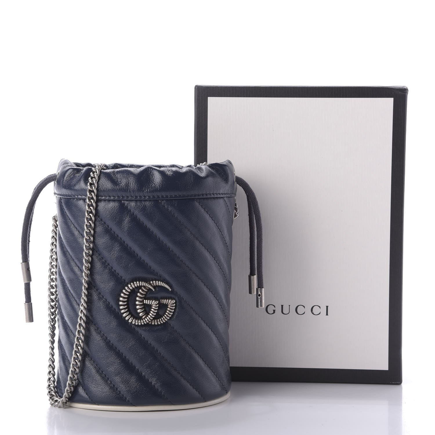 Gucci Vintage Effect Calfskin Matelasse Diagonal Mini Torchon GG Marmont 2.0 Bucket Bag Blue Agata Mystic White 9 of 9