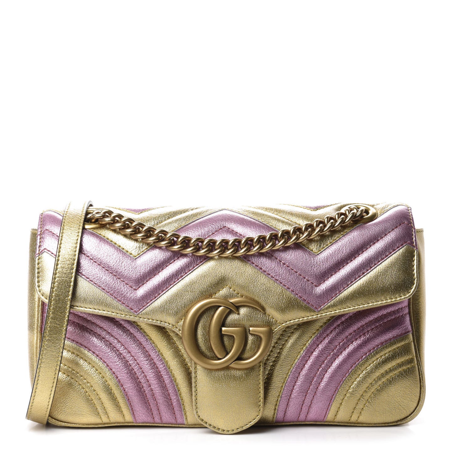 Metallic Calfskin Matelasse Small GG Marmont Shoulder Bag Gold Pink