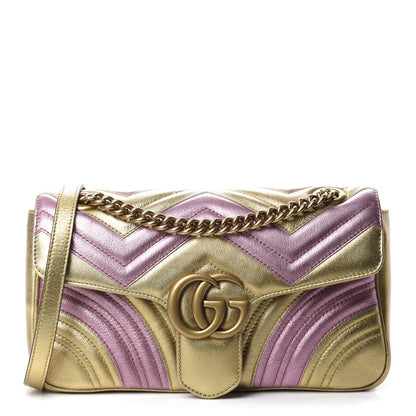 Gucci Metallic Calfskin Matelasse Small GG Marmont Shoulder Bag Gold Pink 1 of 10