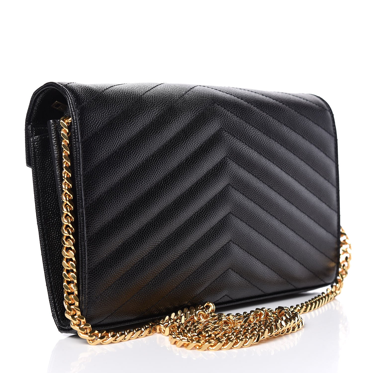 Saint Laurent Grain De Poudre Matelasse Chevron Monogram Chain Wallet Black 3 of 10