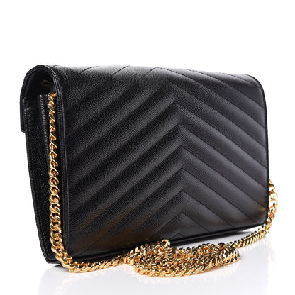 Saint Laurent Grain De Poudre Matelasse Chevron Monogram Chain Wallet Black 3 of 10