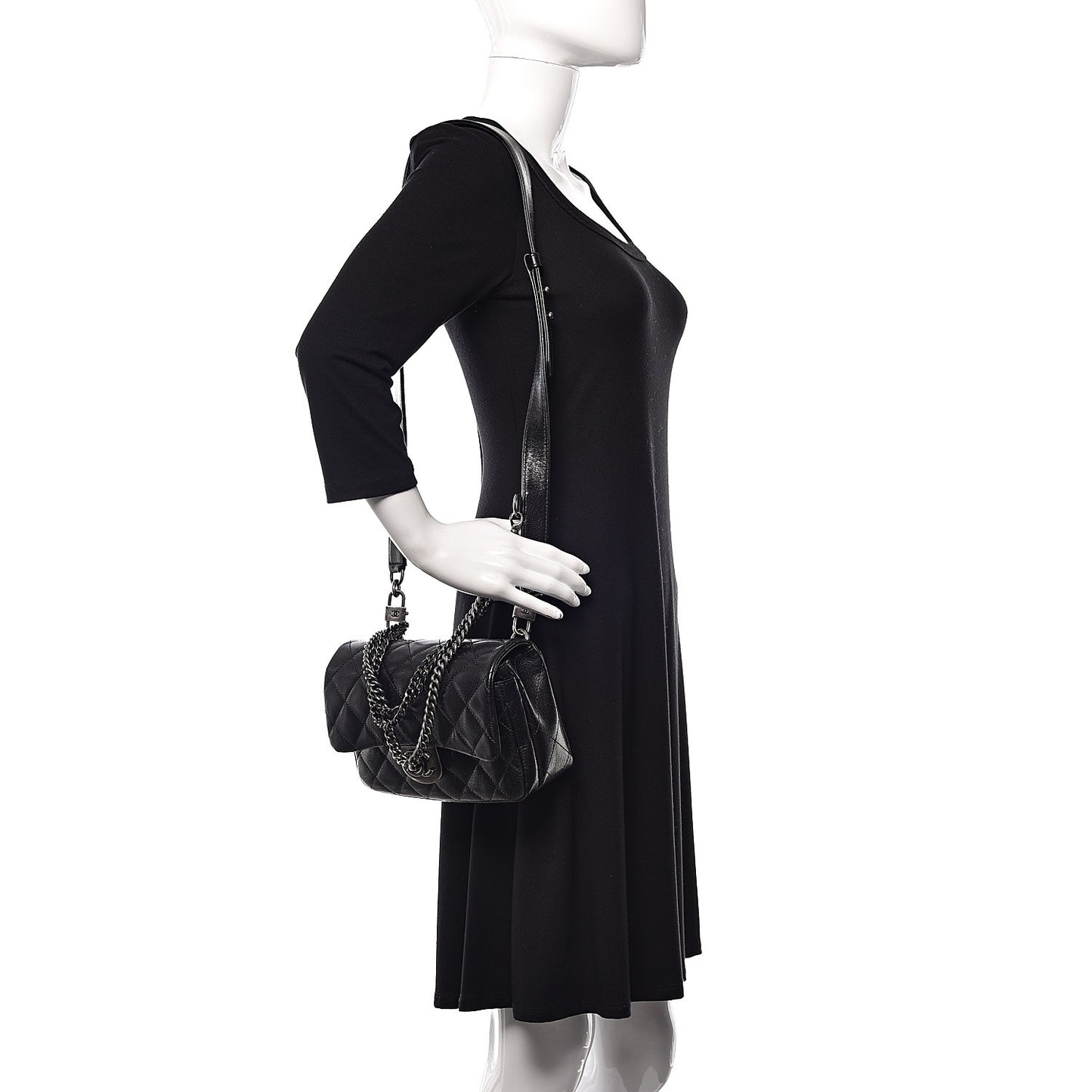 Shiny Goatskin Quilted Small Double Carry Waist Chain Flap Black