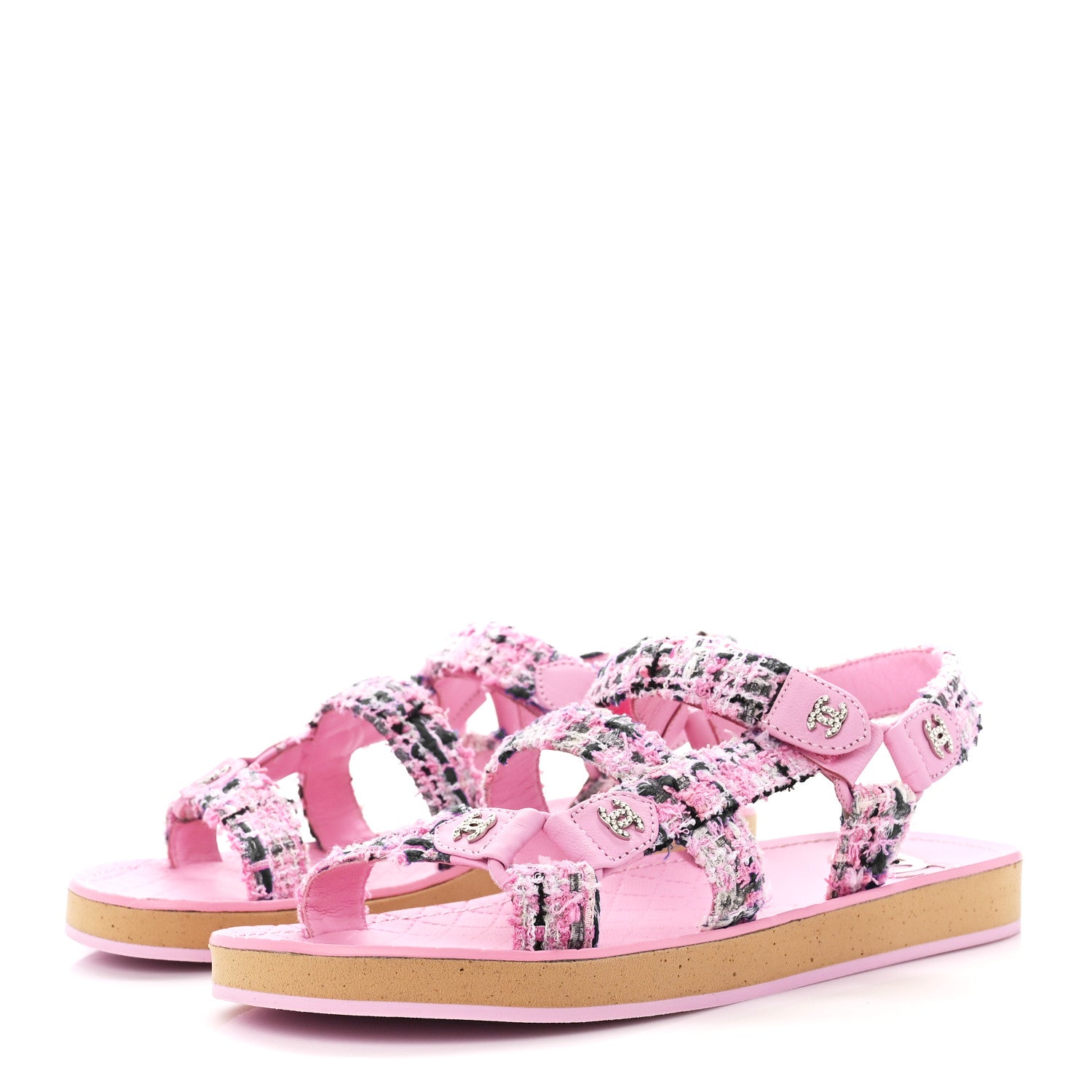 Chanel Tweed Lambskin Crystal CC Sandals 38 Pink Multicolor 3 of 8