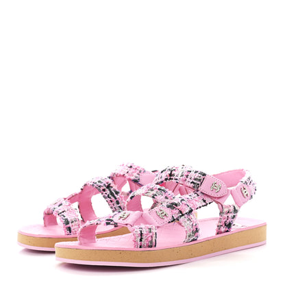 Chanel Tweed Lambskin Crystal CC Sandals 38 Pink Multicolor 3 of 8