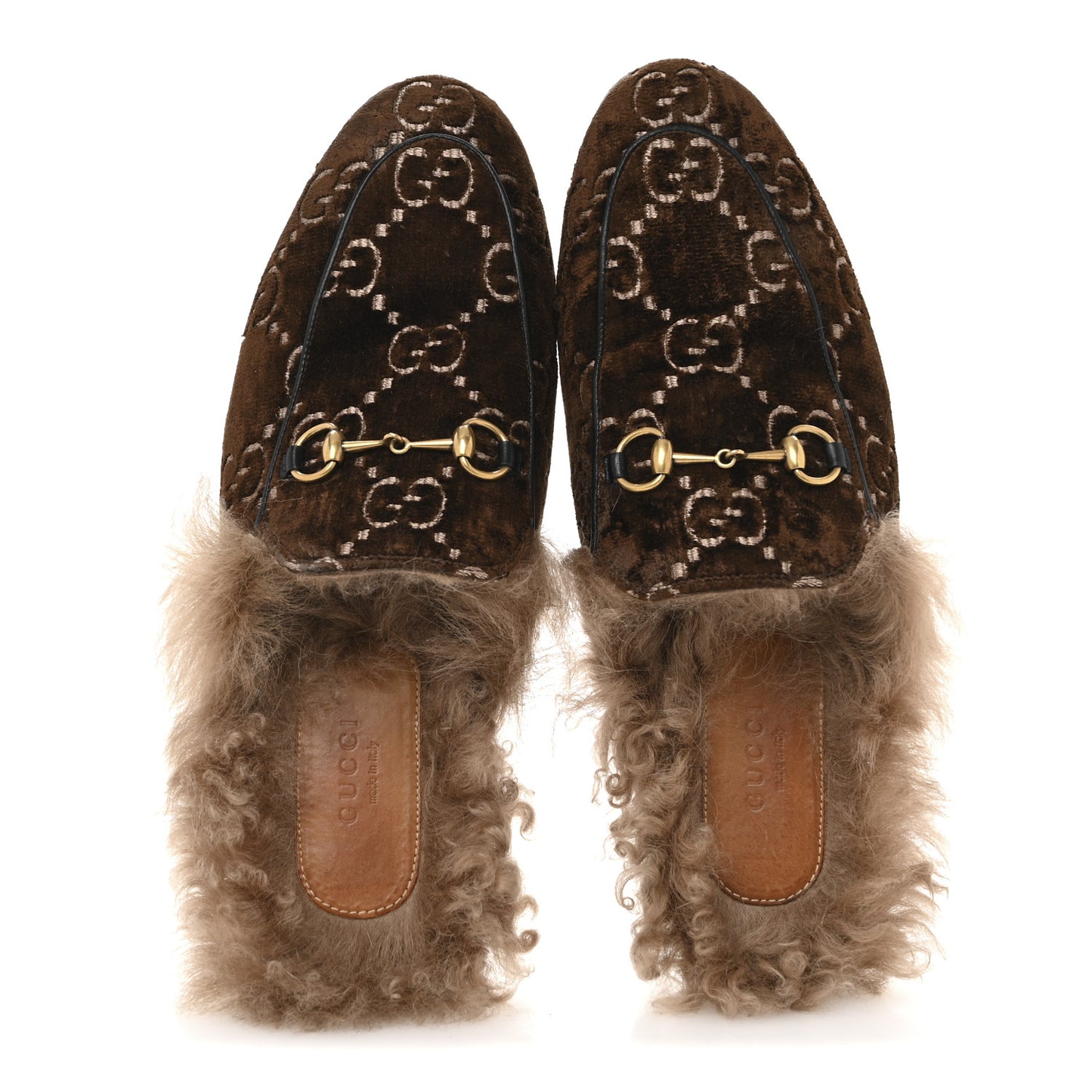 Velvet GG Monogram Fur Womens Princetown Slippers 40 Brown Black Natural