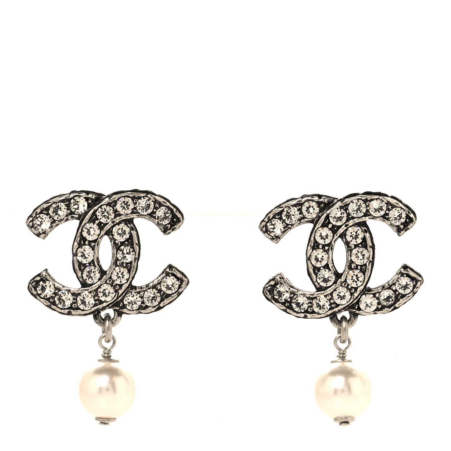 Pearl Crystal CC Drop Earrings Silver Pearly White