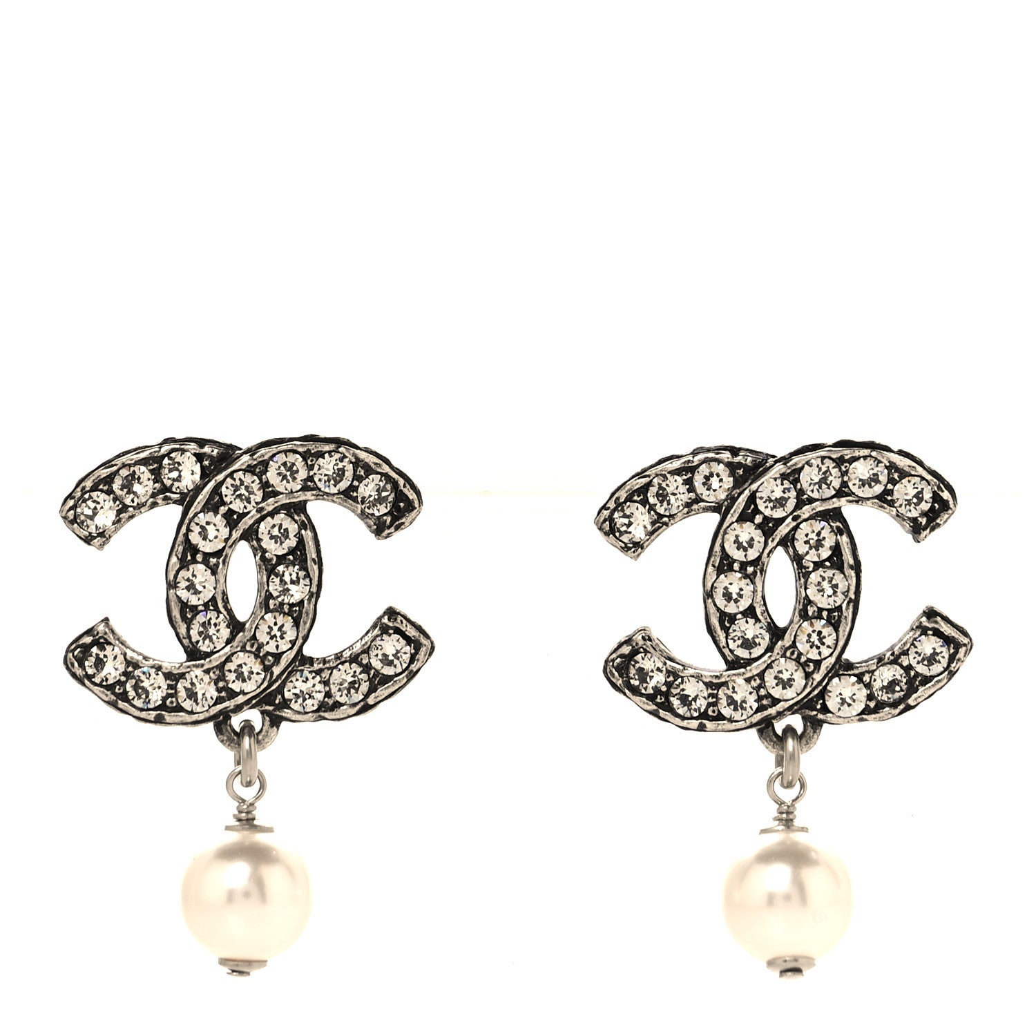 Chanel Pearl Crystal CC Drop Earrings Silver Pearly White 1 of 4