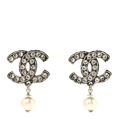 Chanel Pearl Crystal CC Drop Earrings Silver Pearly White 1 of 4