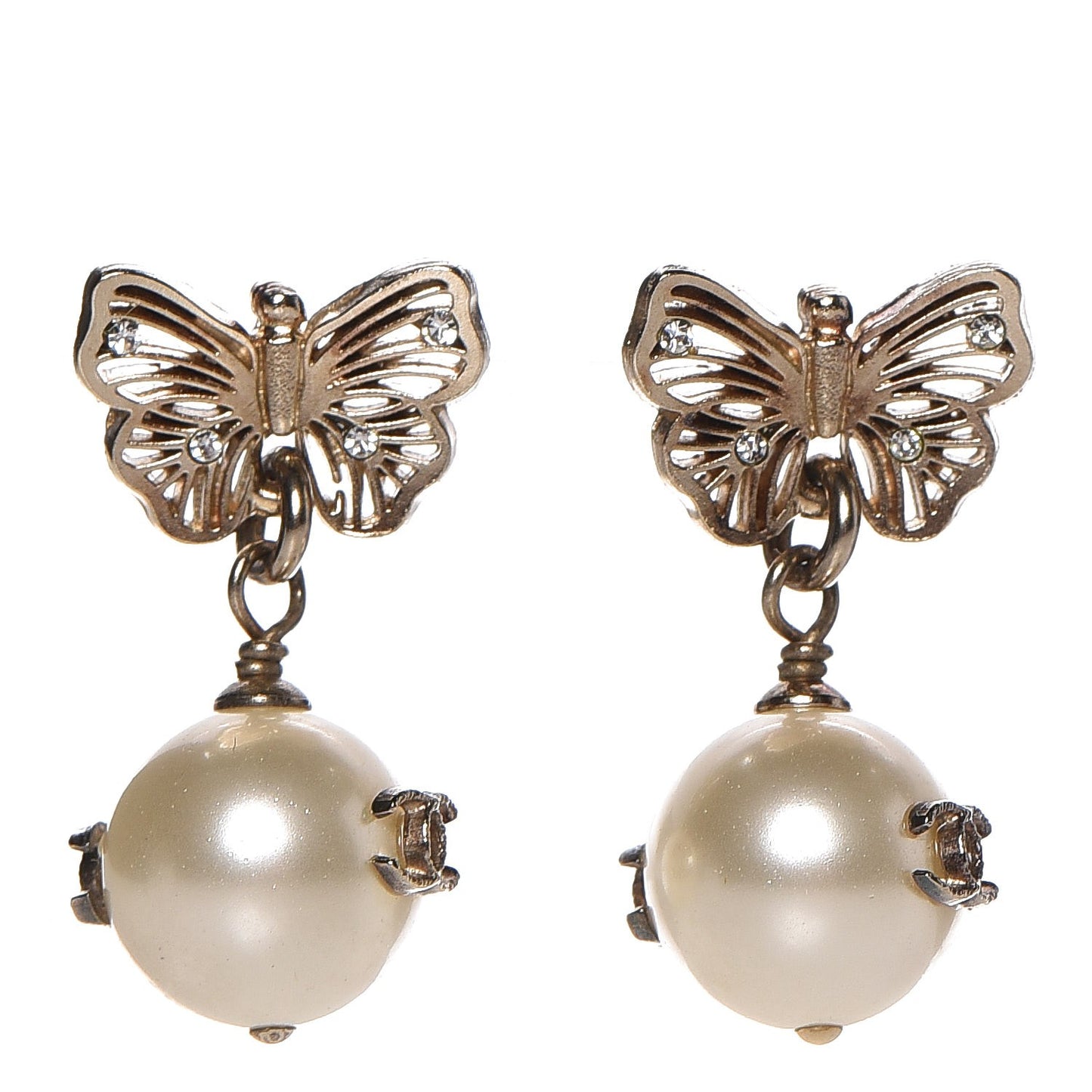 Pearl Crystal CC Butterfly Drop Earrings Gold