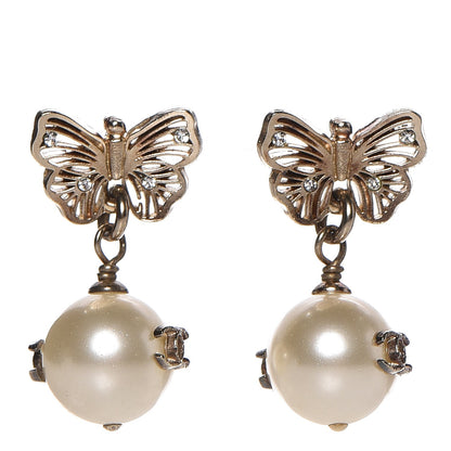 Chanel Pearl Crystal CC Butterfly Drop Earrings Gold 1 of 3