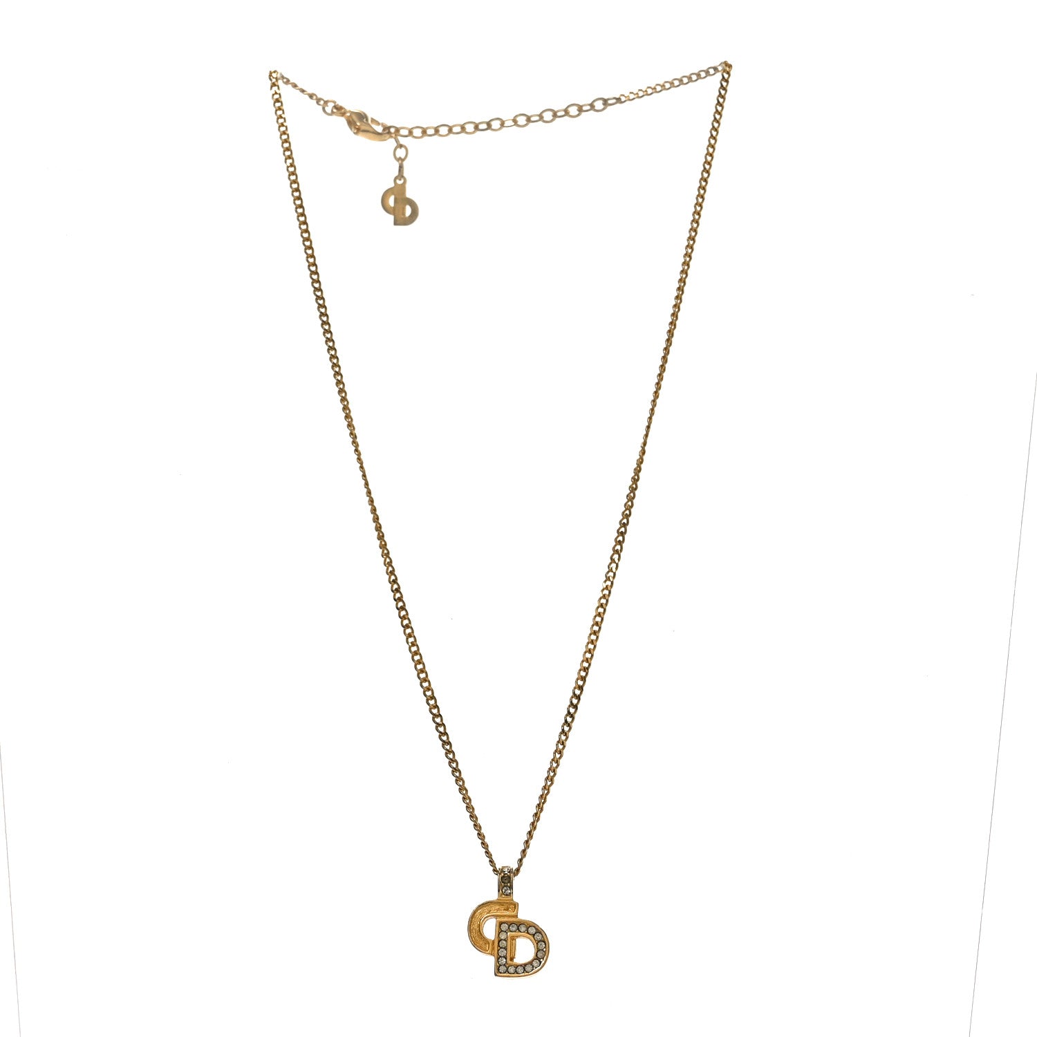 Christian Dior Metal Crystal CD Logo Pendant Necklace Gold 3 of 4