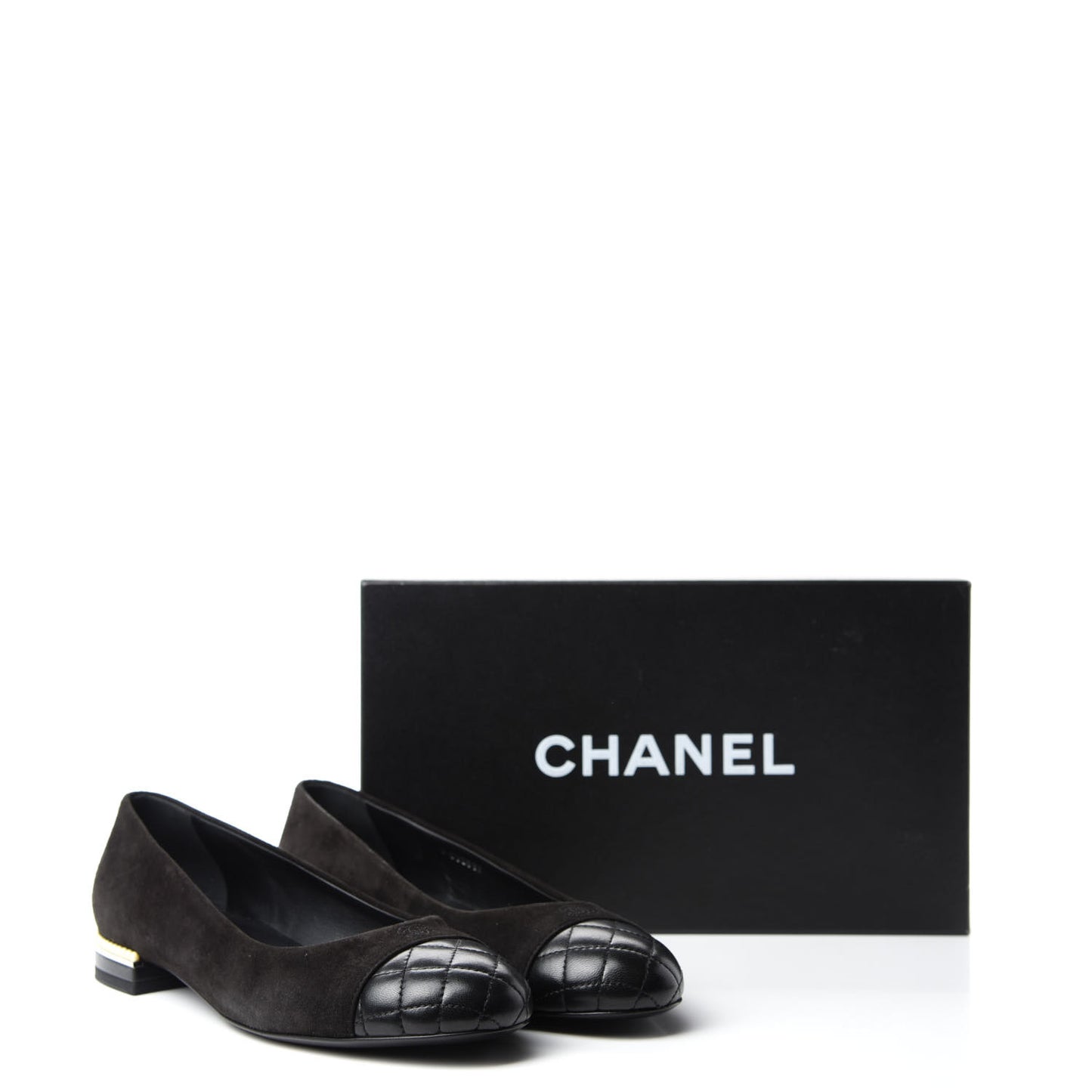 Suede Lambskin Quilted Pearl CC Cap Toe Ballerina Flats 36.5 Black