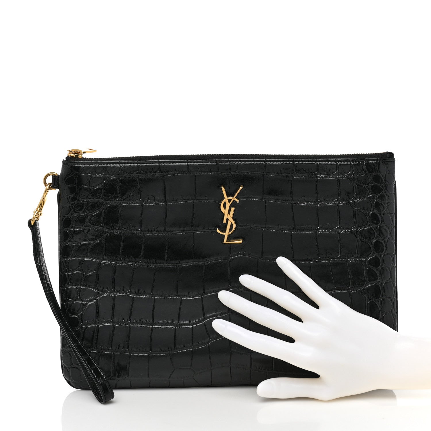 Saint Laurent Calfskin Crocodile Embossed Tablet Pouch Black 2 of 9