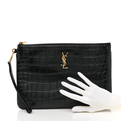 Saint Laurent Calfskin Crocodile Embossed Tablet Pouch Black 2 of 9