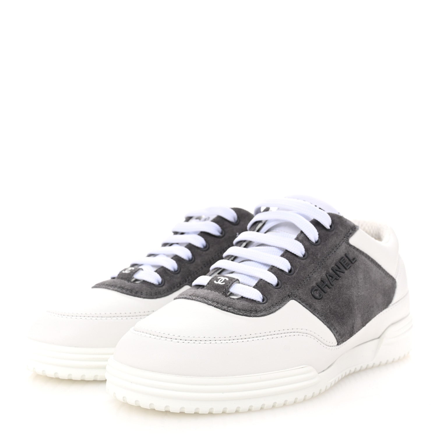 Chanel Calfskin Suede Calfskin Logo Womens Sneakers 35 White Gray 4 of 10