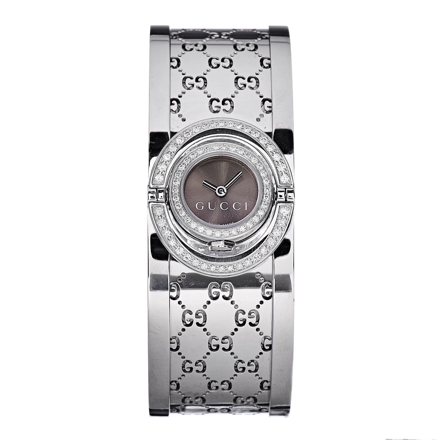 Gucci Stainless Steel Diamond Pave Bezel 23mm Twirl Quartz Watch Brown 1 of 7