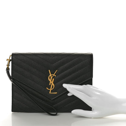 Saint Laurent Grain De Poudre Matelasse Chevron Monogram Envelope Clutch Black 2 of 8