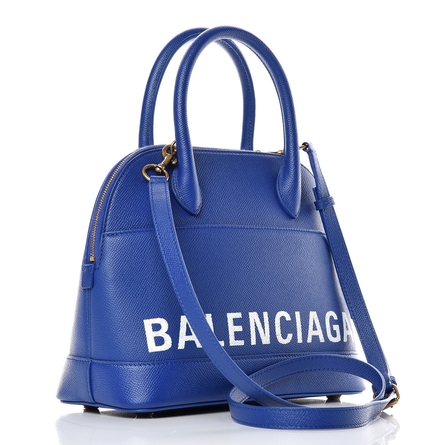 Signature Grained Calfskin Logo S Ville Top Handle Bag Bleu Roi White