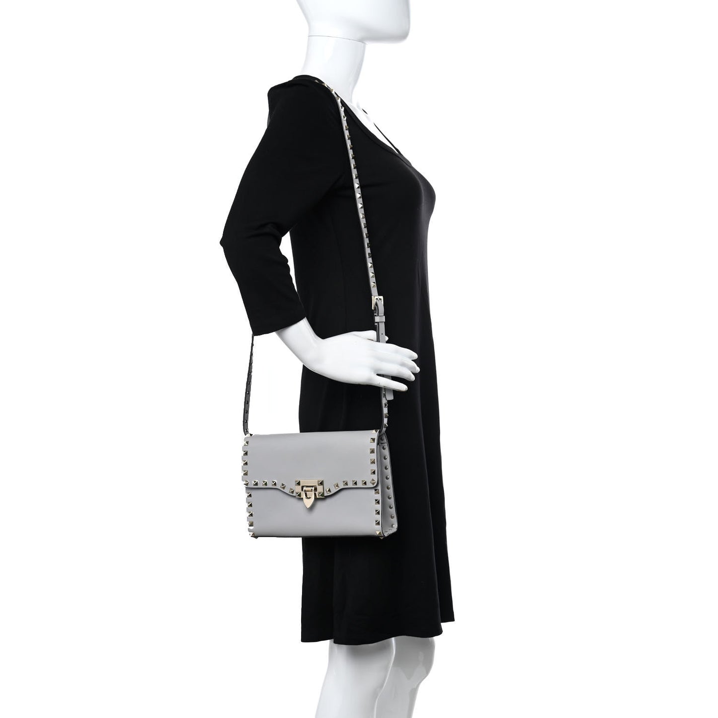 Vitello Medium Rockstud Flip Lock Crossbody Bag Grey